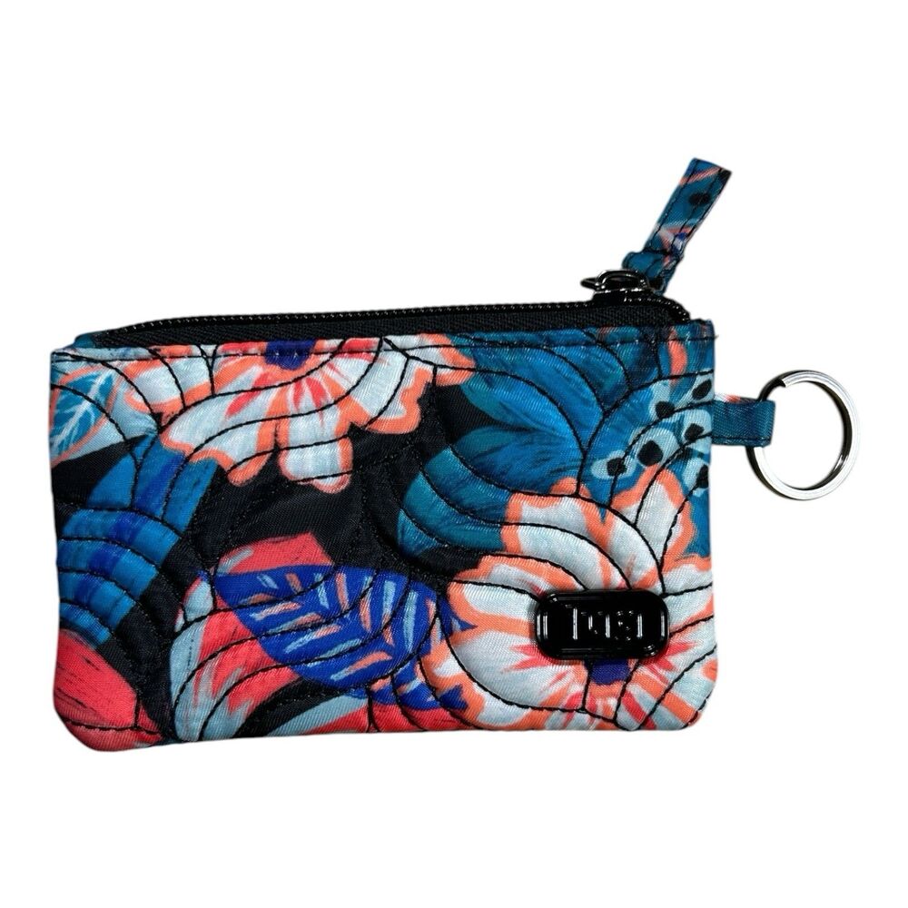 Lug Metro Zip ID Wallet Coin Purse Floral Tropical Blue Orange Key Ring EUC